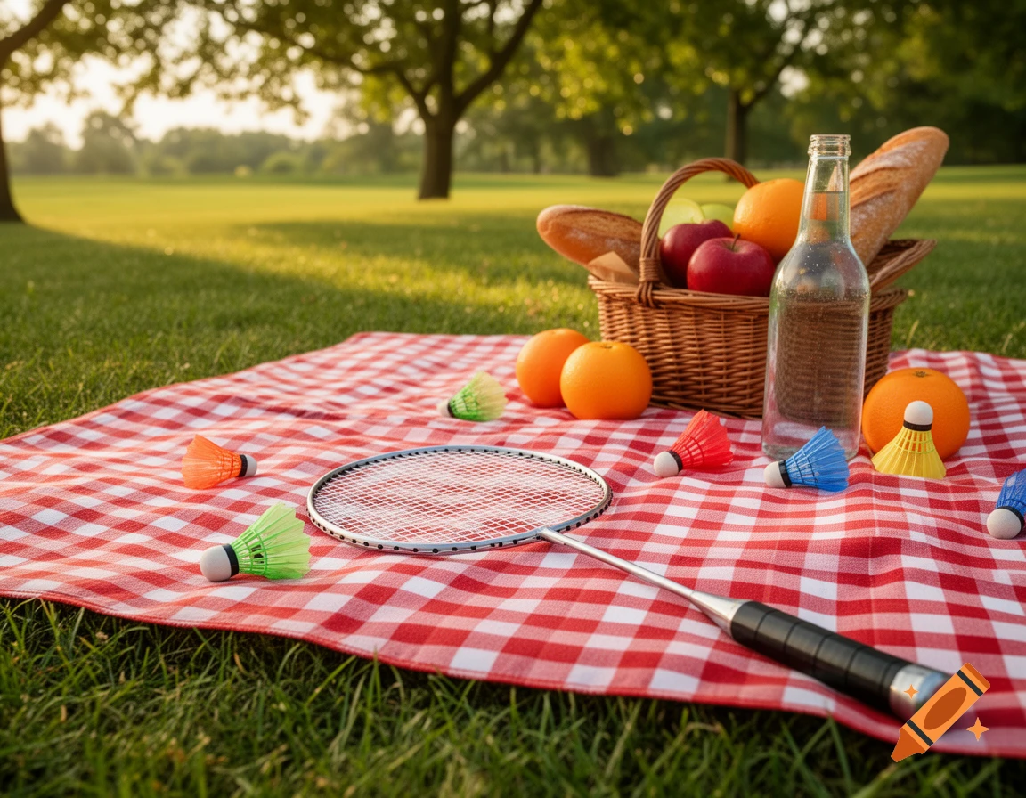 A badminton racket and colorful shuttlecocks on a red and white picnic blanket in a sunny park with a picnic basket.