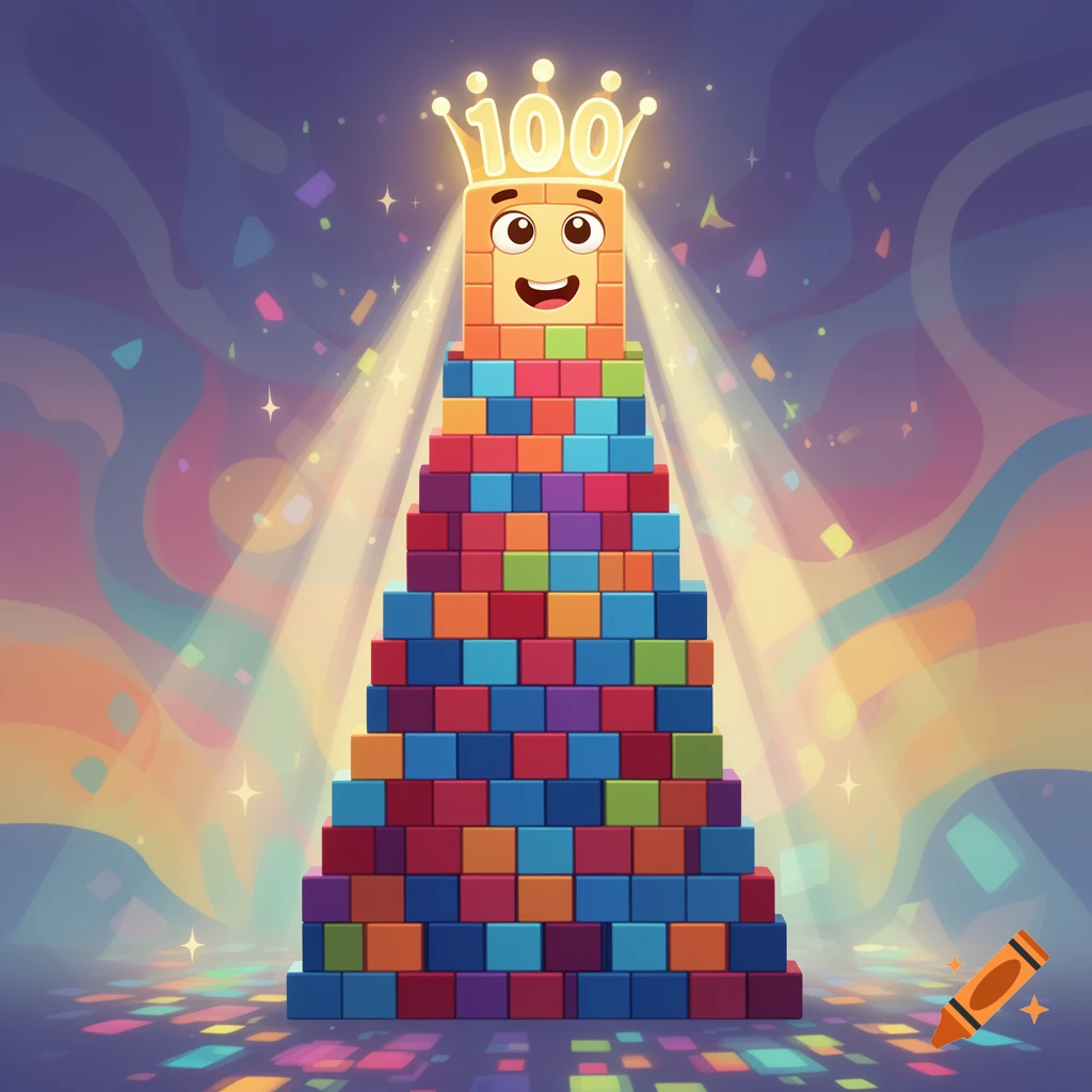 A friendly cartoon character made of colorful building blocks, wearing a golden crown with "100", stands tall amidst confetti and glowing spotlights.
