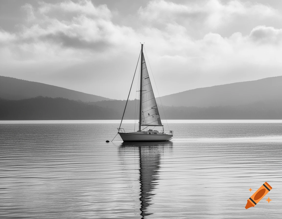 A black and white photorealistic image of a sailboat with its reflection on calm water, surrounded by hazy mountains under a cloudy sky.