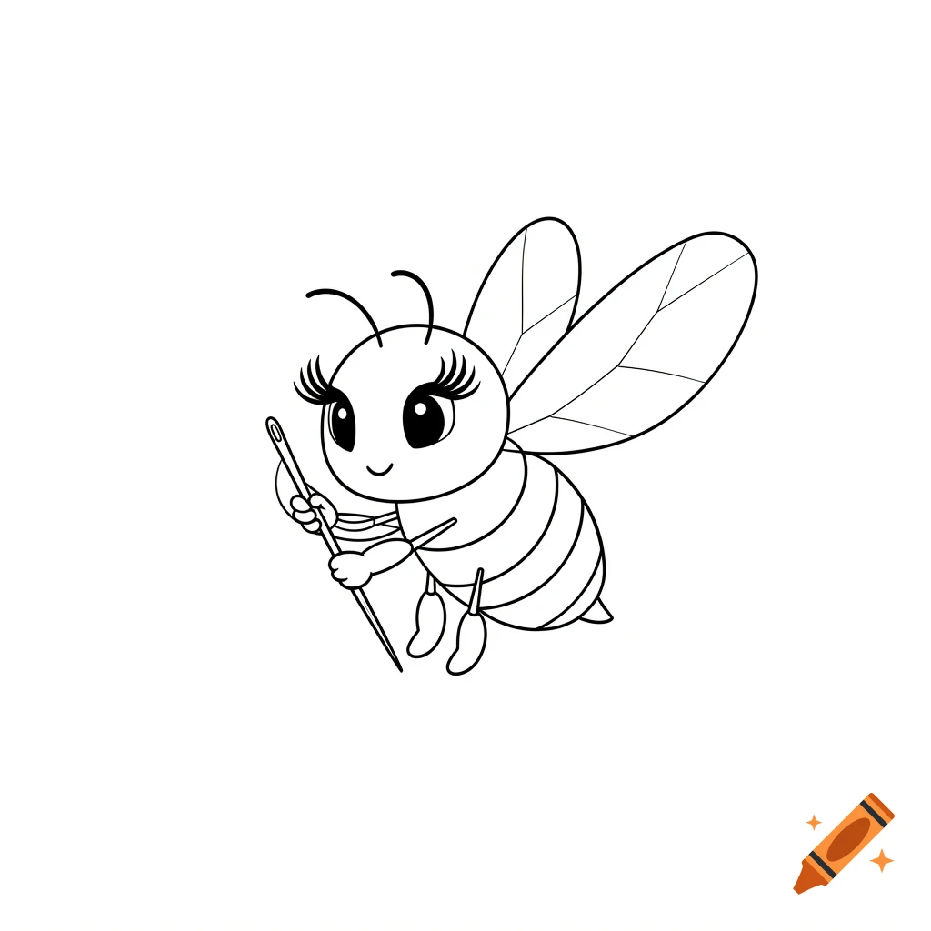 A cute black and white line art cartoon bee with eyelashes holds a sewing needle.