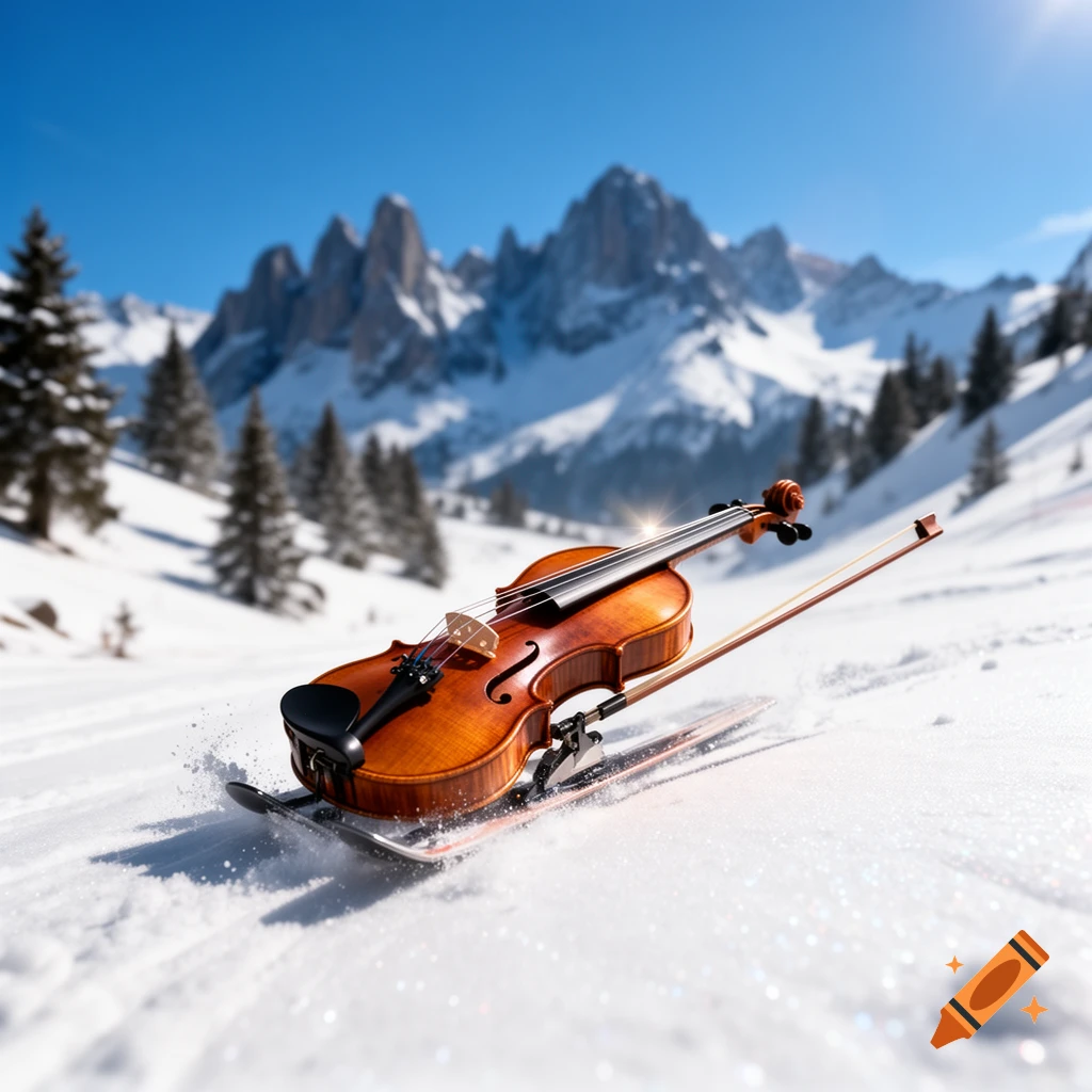 A wooden violin with a bow is mounted on a pair of skis, standing in fresh snow on a sunny mountain slope with pine trees and jagged peaks in the background.