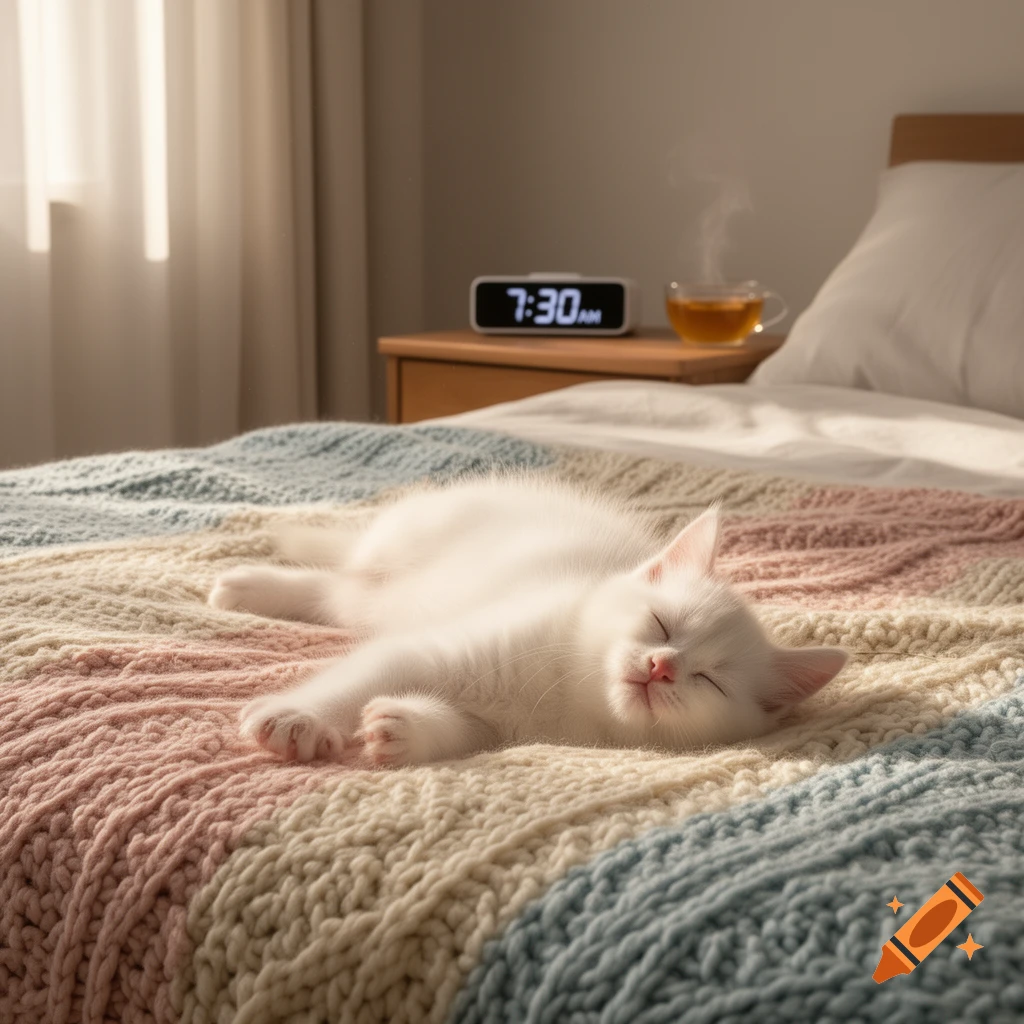 White kitten sleeping soundly on a colorful knitted bedspread, next to a 7:30 AM alarm clock and a steaming cup of tea.