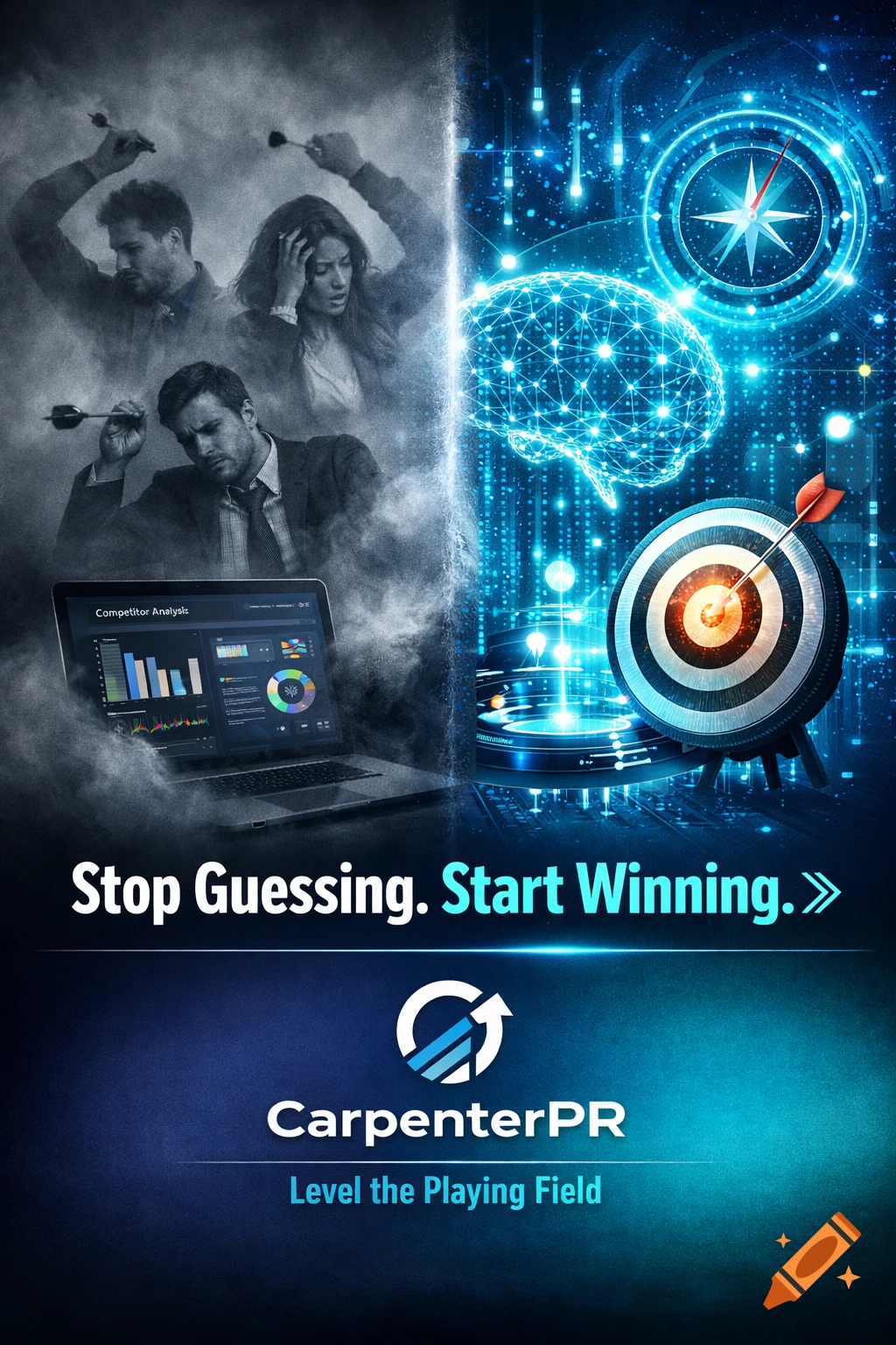Vertical marketing banner showing frustrated business people contrasted with AI tech like neural networks and a target, with text 'Stop Guessing. Start Winning.'