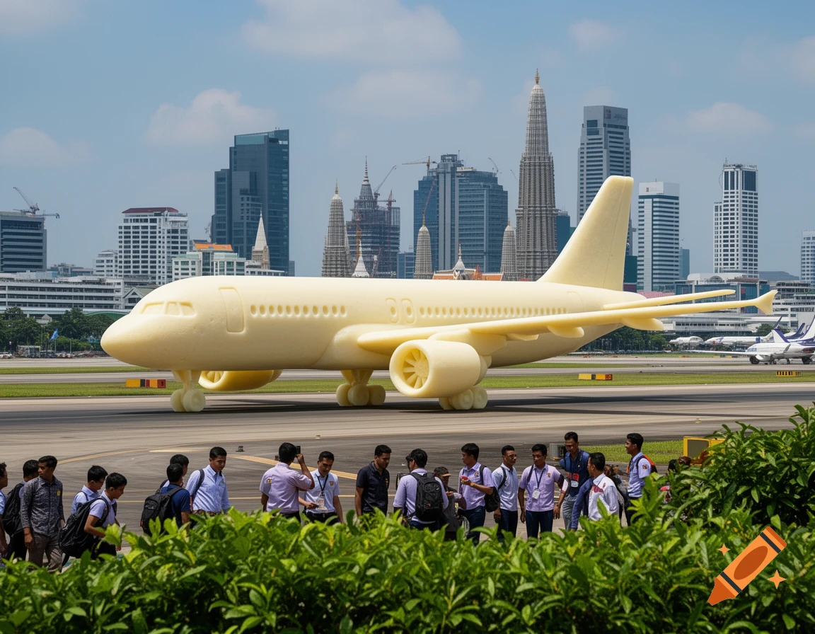 A giant yellow airplane made of tofu sits on an airport runway with people in the foreground and a Bangkok cityscape behind it.