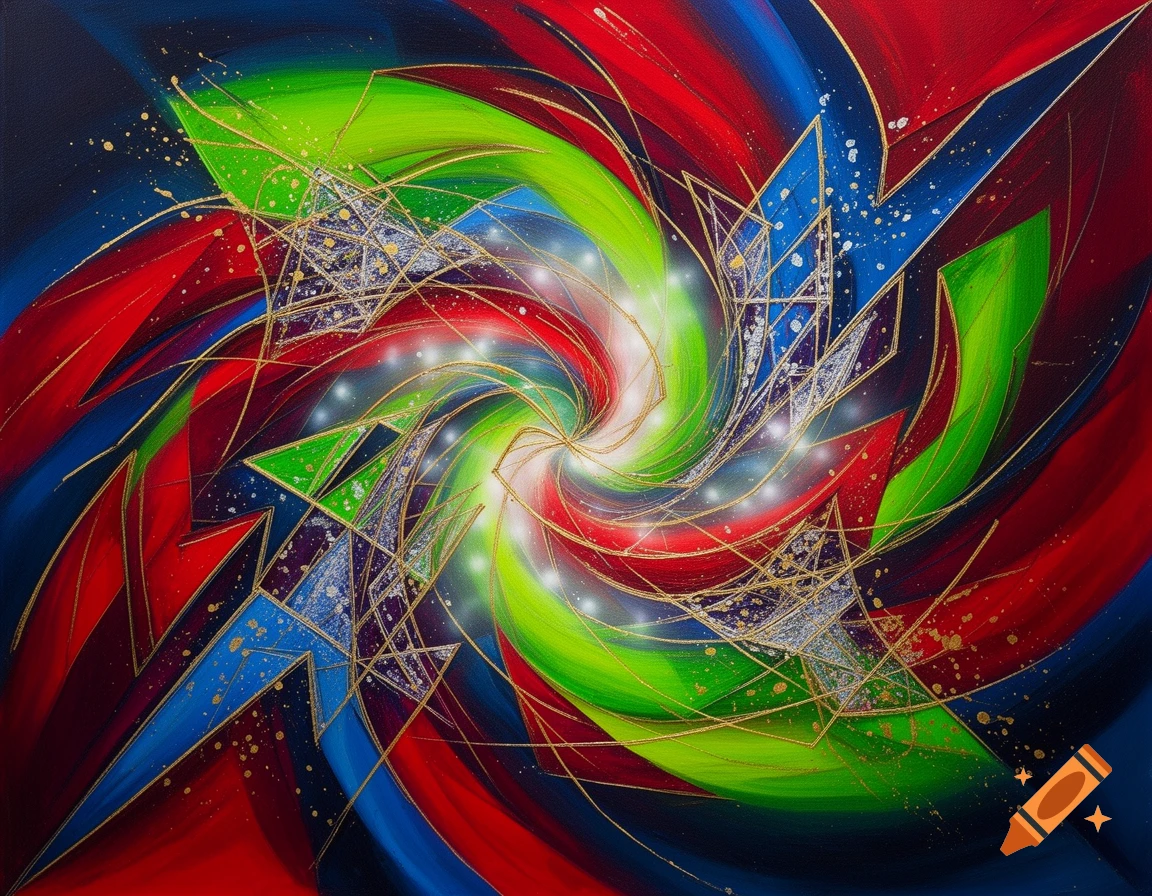 Vibrant abstract painting with a central colorful swirl of red, blue, and green, accentuated by gold lines and glitter.