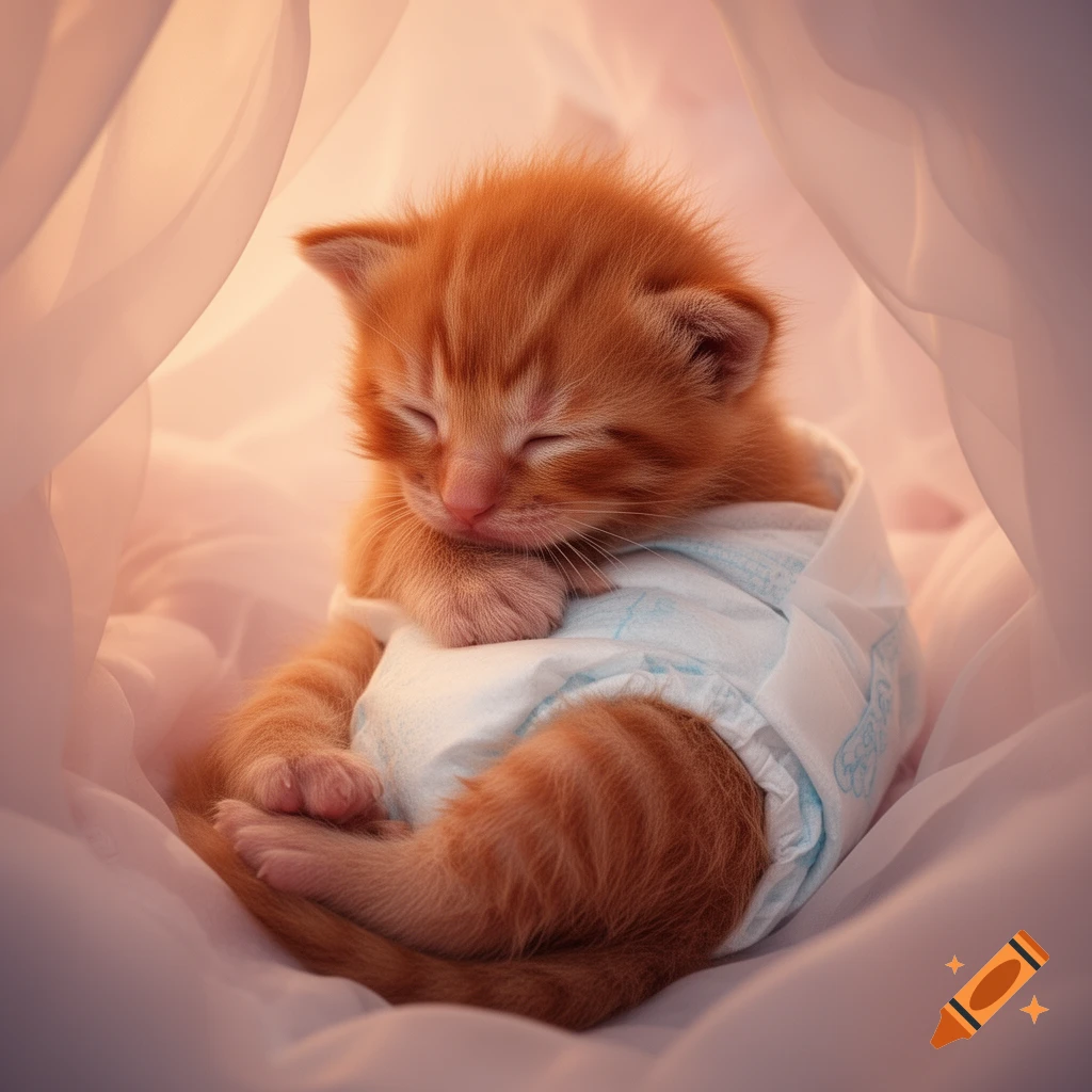 A tiny ginger kitten, wearing a white and blue diaper, is curled up asleep amidst soft, flowing white fabric.