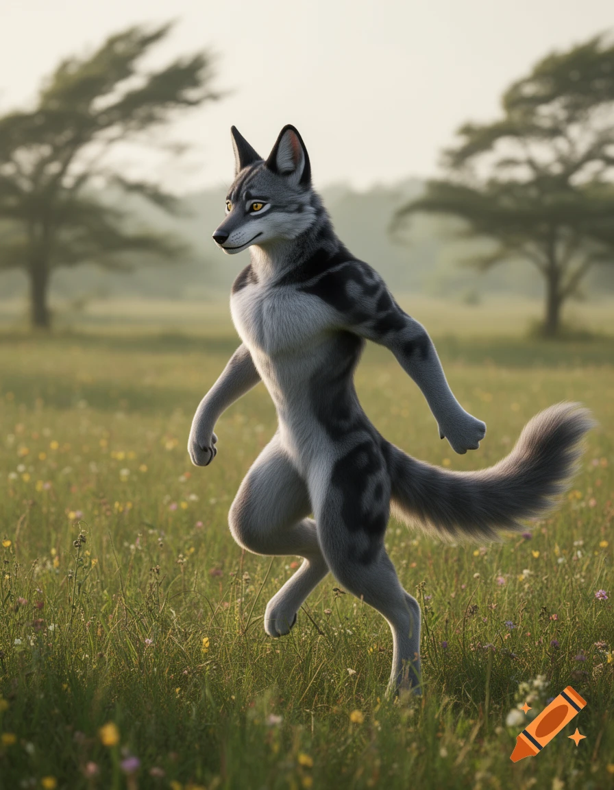 A bipedal gray and black wolf fursona walks through a sunny grassy field with trees in the background.