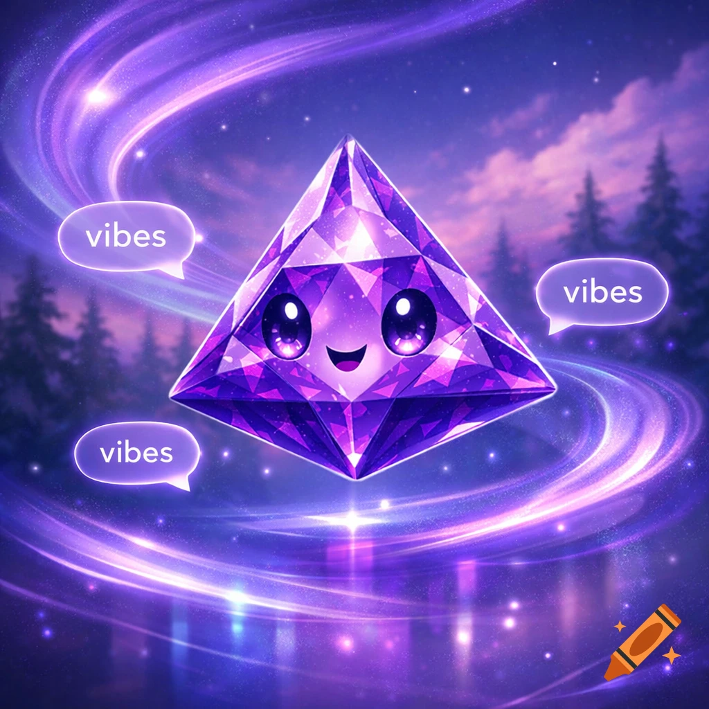 A cute, smiling purple diamond triangle mascot floats in a cosmic purple background with "vibes" in speech bubbles.