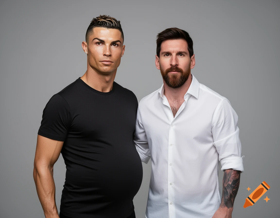 Lionel Messi in a white shirt next to a pregnant Cristiano Ronaldo in a black t-shirt, on a gray background, photorealistic style.