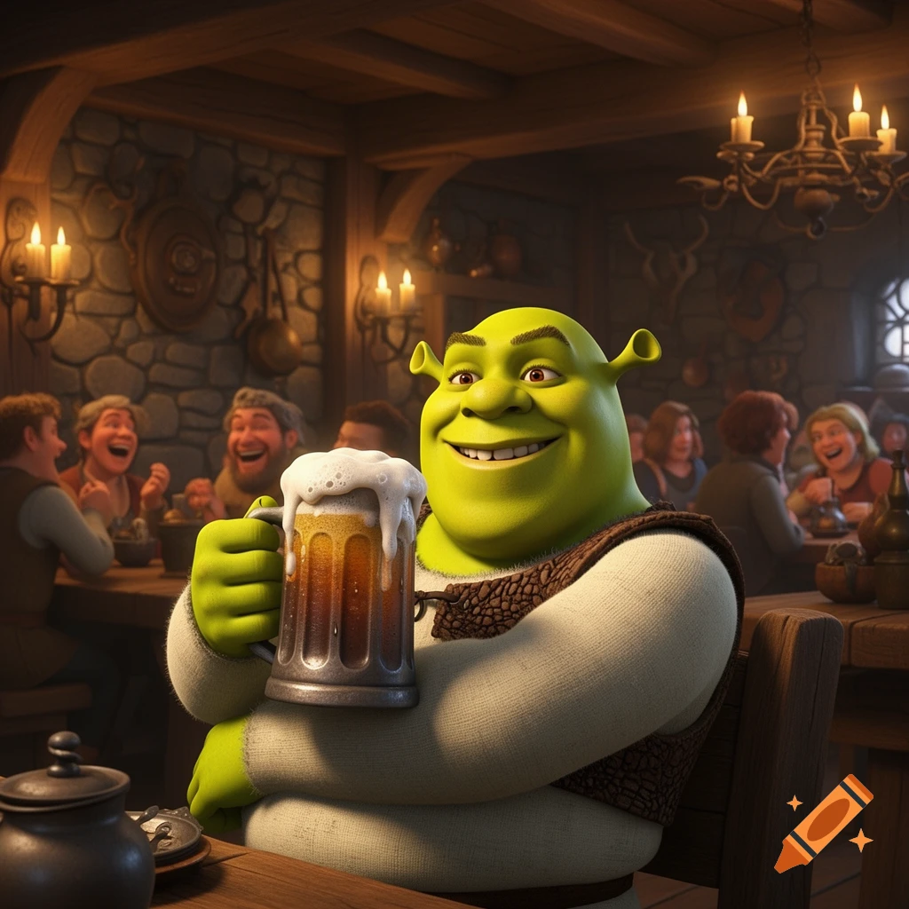 Shrek smiles broadly, holding a frothy beer mug in a lively, candlelit tavern with other patrons in the background.