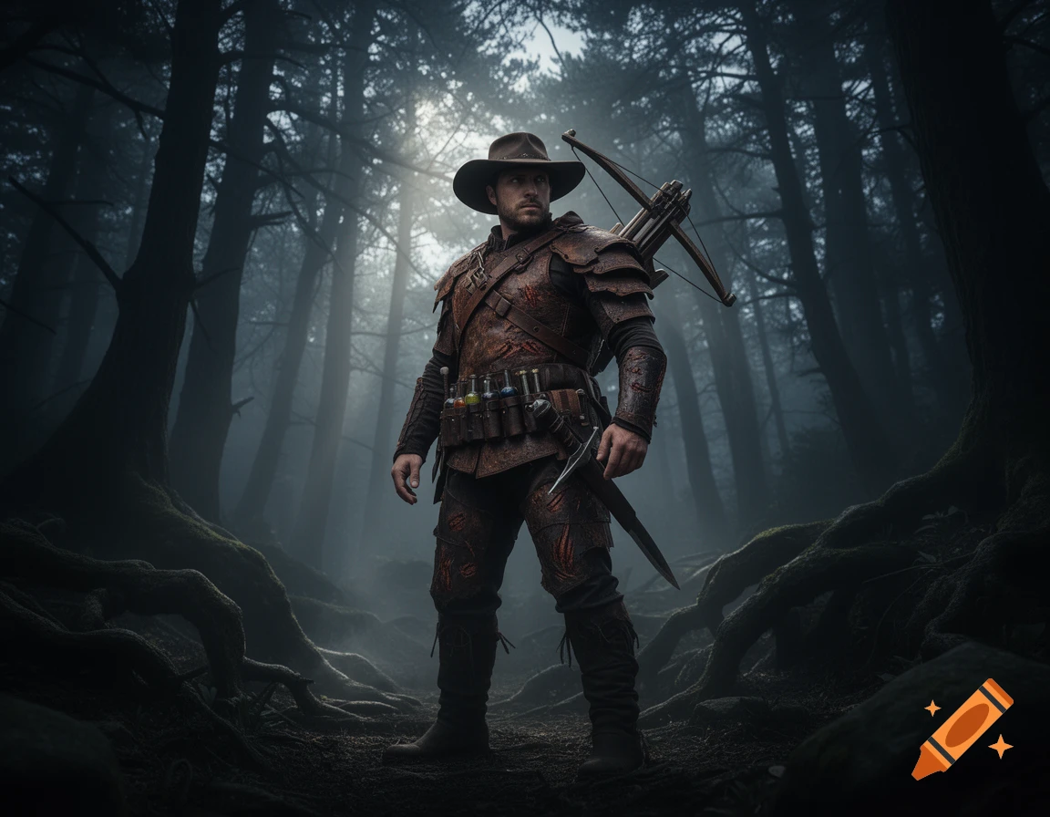 A male monster hunter in a wide-brimmed hat and leather armor, carrying a crossbow, stands in a dark, foggy forest.