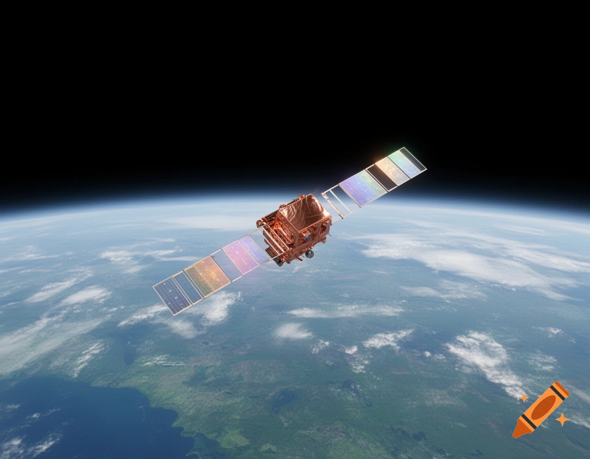 A copper-colored satellite with colorful solar panels orbits above Earth, with deep space in the background.