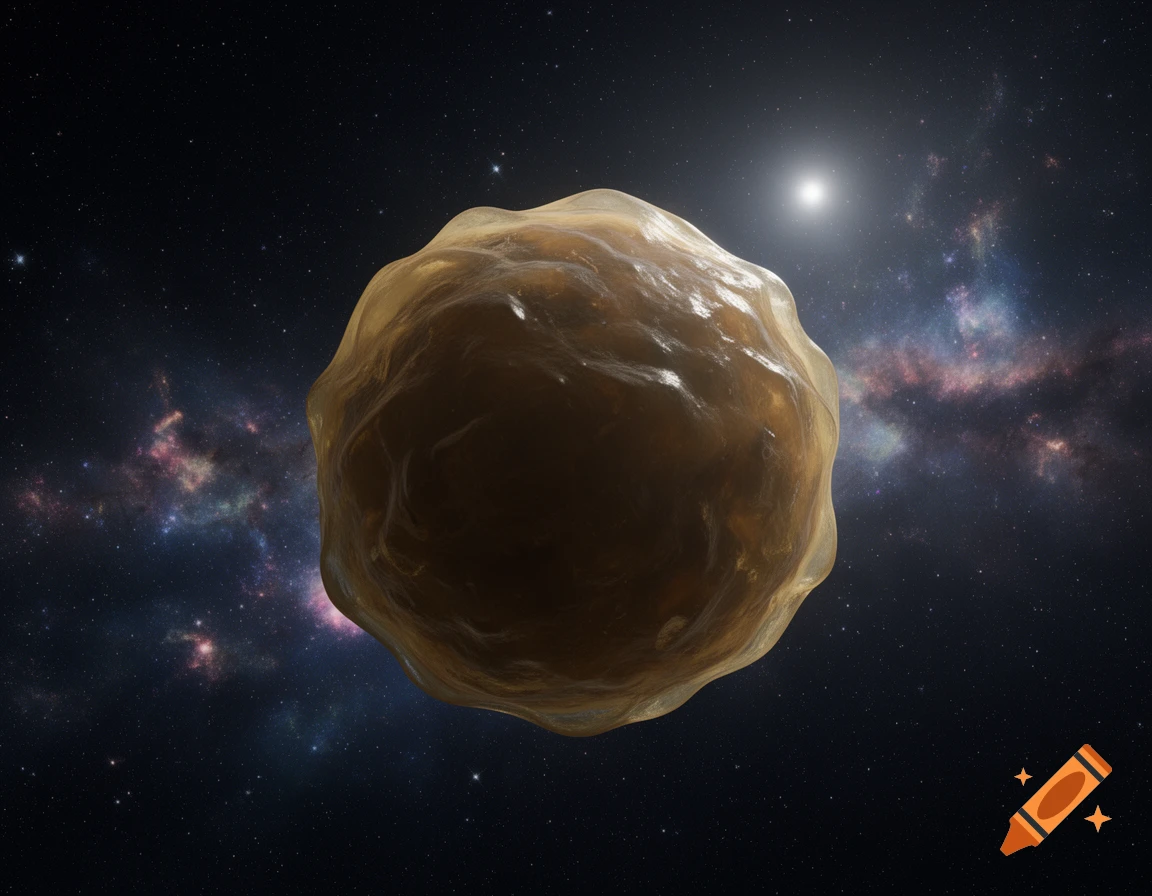 A brownish-yellow, translucent, jelly-like planet floats against a starry, nebula-filled space background.