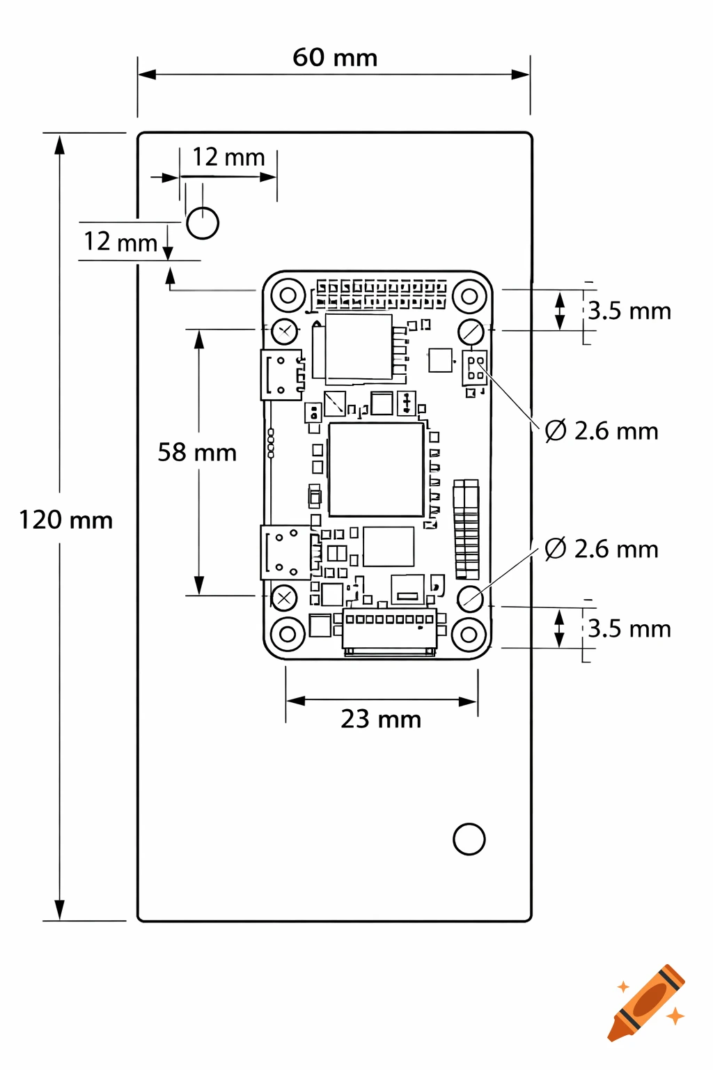 Black and white technical drawing of a rectangular board with a Raspberry Pi Zero 2 W layout and precise dimensions in millimeters.