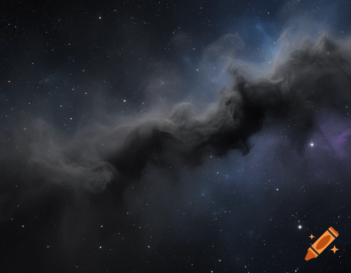 A dark interstellar dust cloud swirls against a starry background with faint blue and purple nebulae.