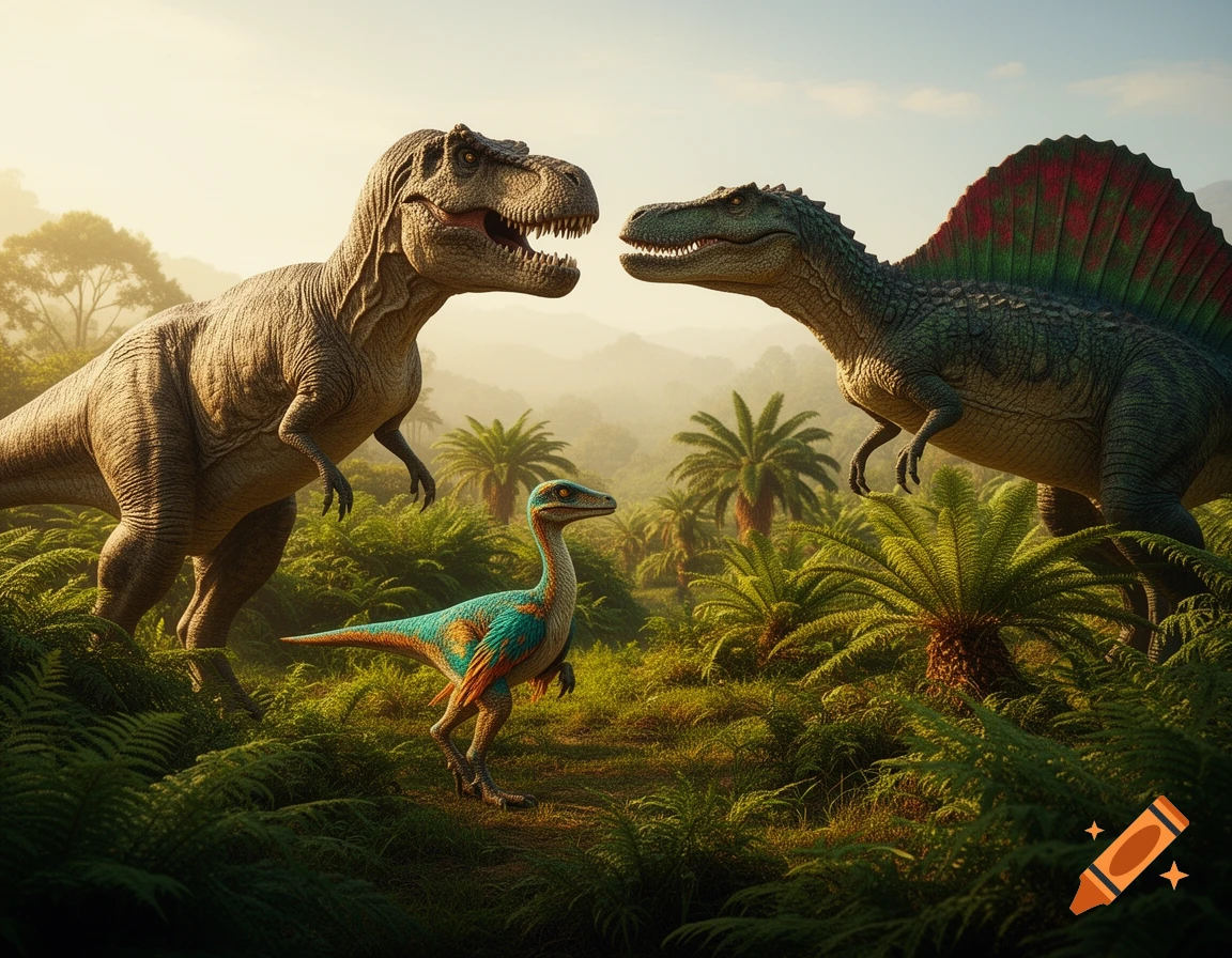 Photorealistic image of a T-Rex and Spinosaurus facing each other in a lush prehistoric jungle, with a smaller raptor-like dinosaur in the foreground.