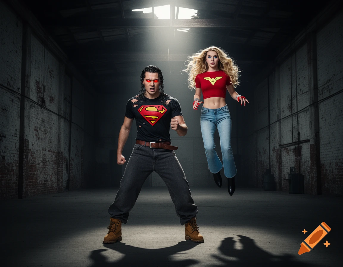 Superboy with glowing red eyes and Wondergirl floating in a dark, abandoned warehouse with light shining from the ceiling.