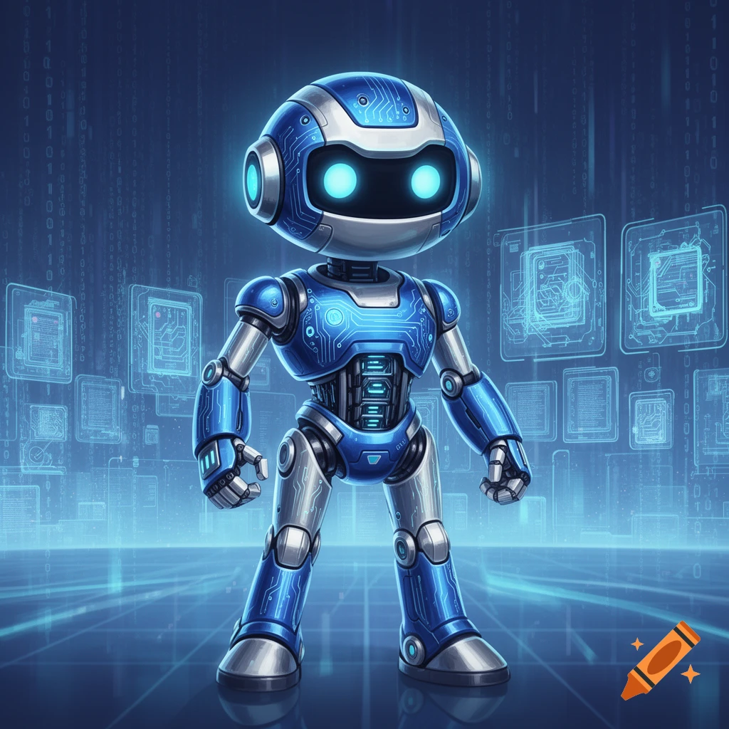 A stylized blue and silver robot mascot with glowing blue eyes stands against a digital background of binary code and glowing circuit board panels.