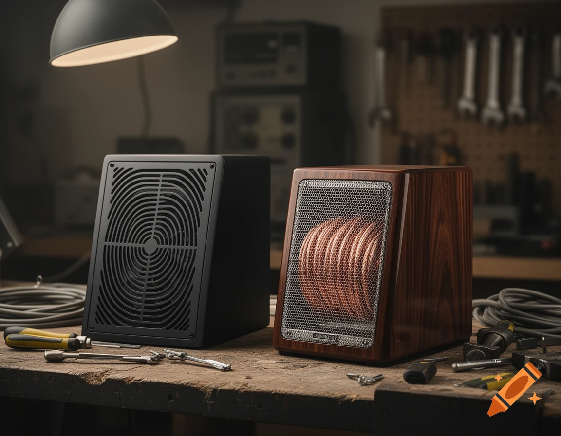 Two different-style speaker-like devices, one black and one wooden, sit on a rustic workbench with tools under a lamp.