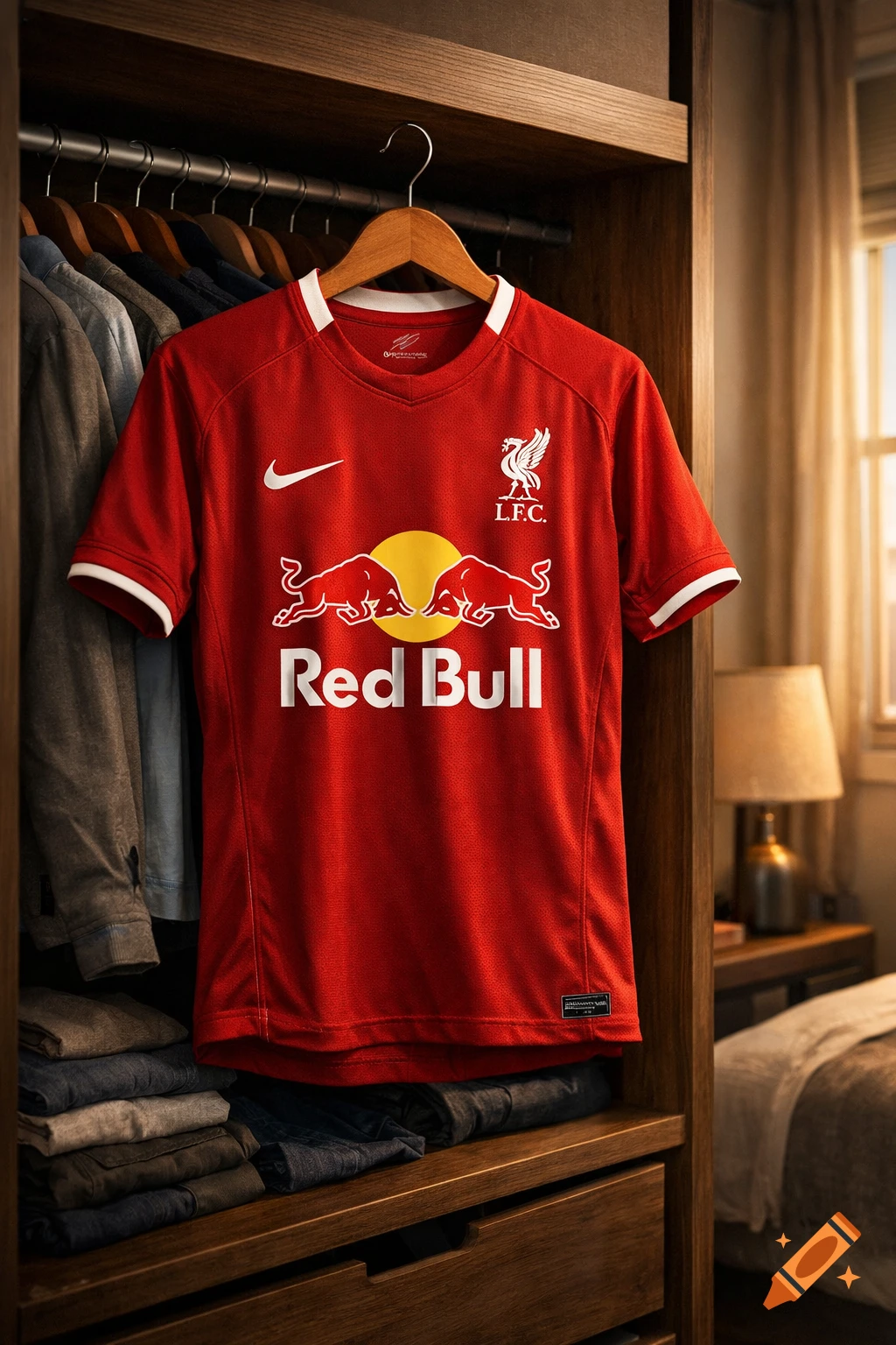 Photorealistic image of a red Liverpool FC jersey with a Red Bull sponsor hanging in a wooden closet, alongside other clothes.