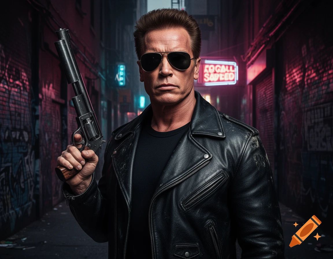 Arnold Schwarzenegger as Terminator in a leather jacket and sunglasses, holding a large revolver in a dark, neon-lit alley.