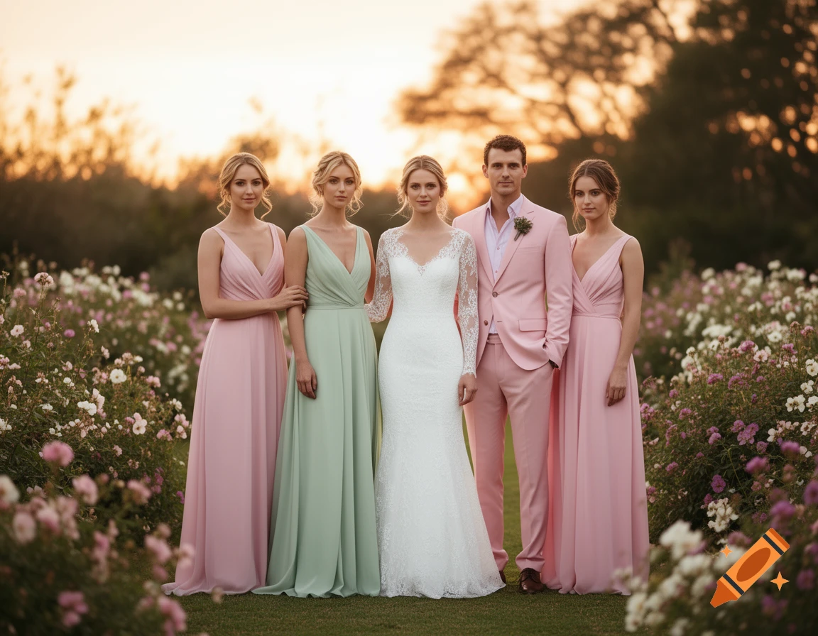 A bride in white, a groom in pink, and three bridesmaids in pink and mint green dresses stand in a rose garden at sunset.