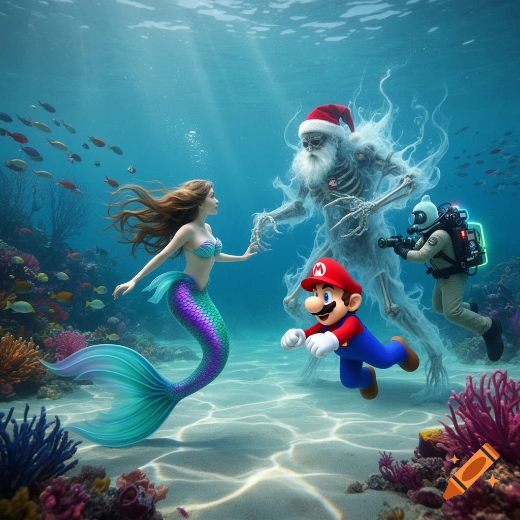 A mermaid, Mario, a ghostly skeleton Santa, and a scuba diver with a ghostbuster pack explore a vibrant coral reef underwater.