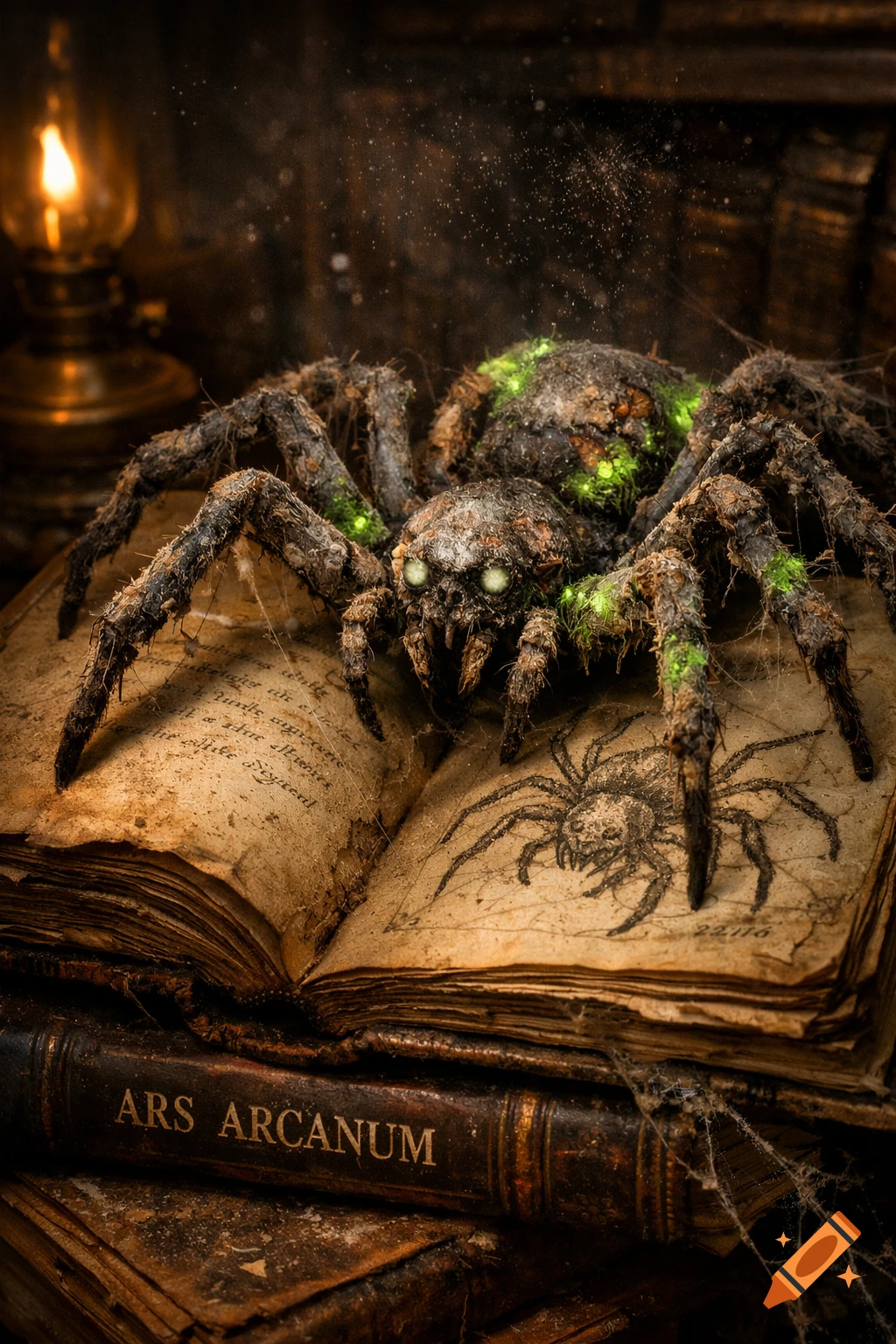 A detailed, moss-covered zombie spider with glowing eyes rests on an ancient open book. Another old book titled "ARS ARCANUM" is below it, with a glowing lantern in the background.