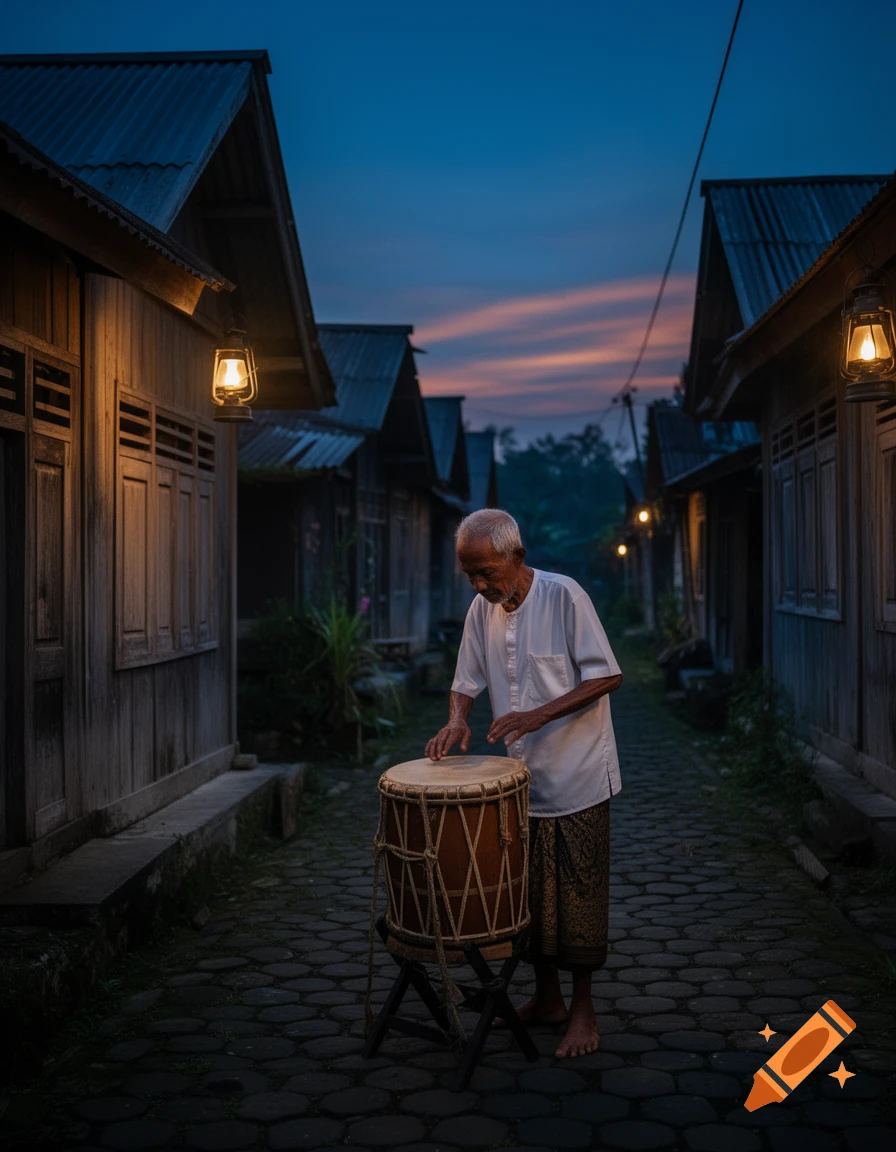 An old man plays a large drum in a village alley at dusk, illuminated by glowing lanterns under a colorful sky.