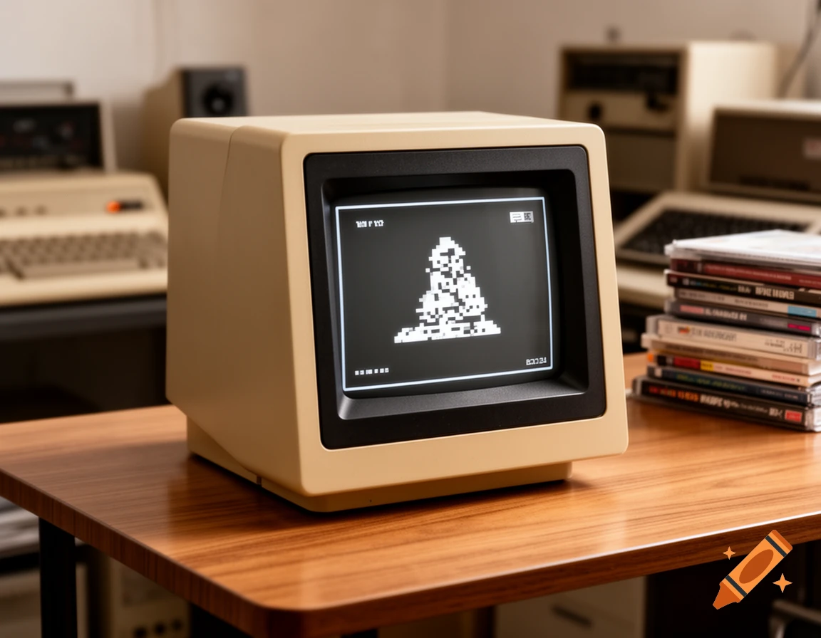 A beige vintage computer monitor displays white pixel art on a black screen, surrounded by other retro computer equipment on a wooden desk.