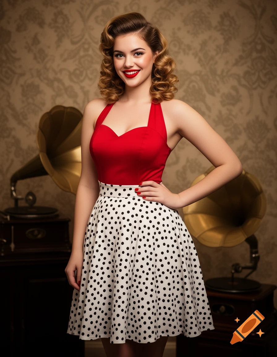 A smiling woman in a red top and white polka dot skirt poses in a pin-up style next to two vintage gramophones.