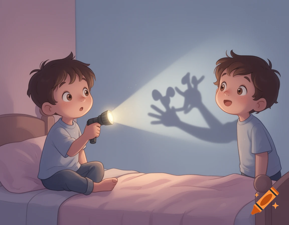 Two cartoon children play with a flashlight and shadow puppets on a bedroom wall, in a children's book illustration style.