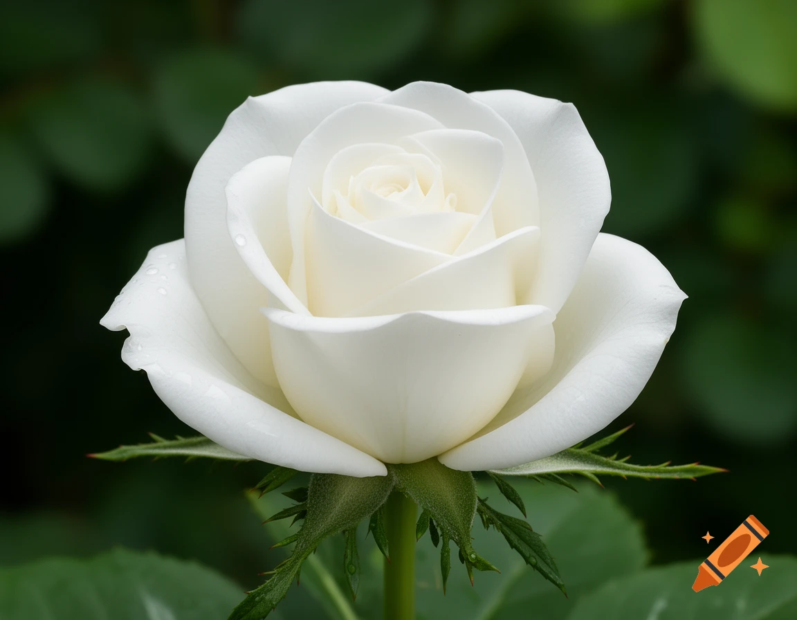 A close-up, photorealistic shot of a white rose with dewdrops on its petals, a green stem, and thorns, set against a blurred green background.