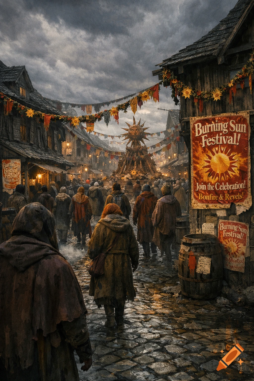 A dark, crowded street in a medieval-style town during a festival, with a large sun effigy, banners, and people walking towards it under a cloudy sky.