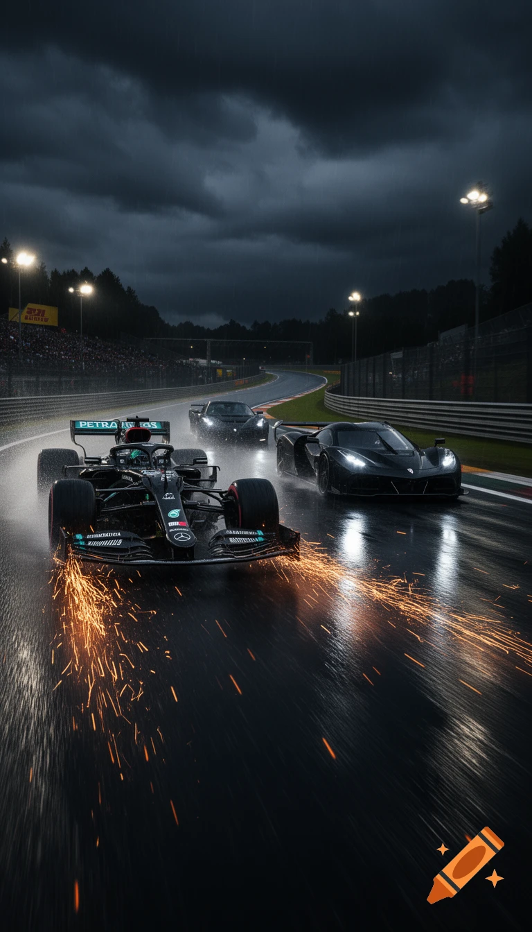 A black Formula 1 car and two hypercars race on a wet track at night, with sparks, water spray, and dramatic storm clouds, photorealistic.