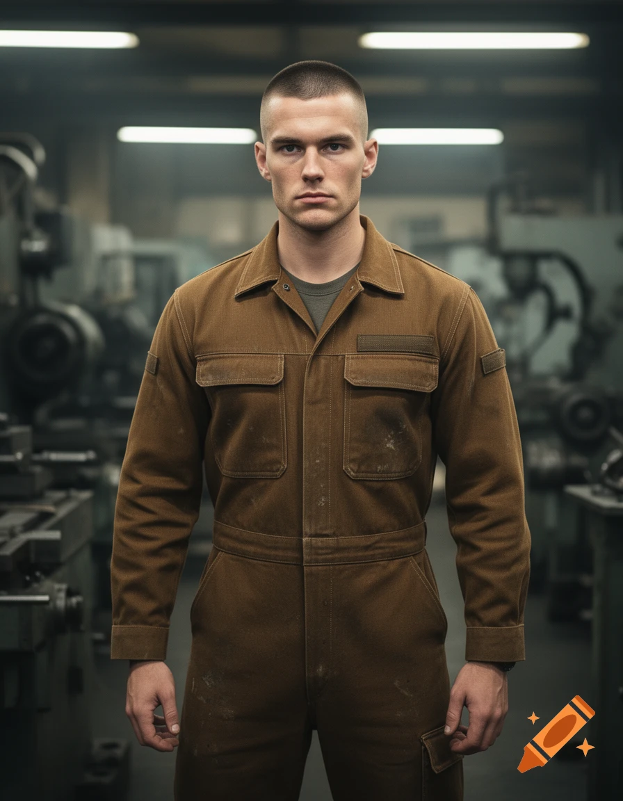 A serious man with a military cut hairstyle wears brown coveralls in an industrial workshop.