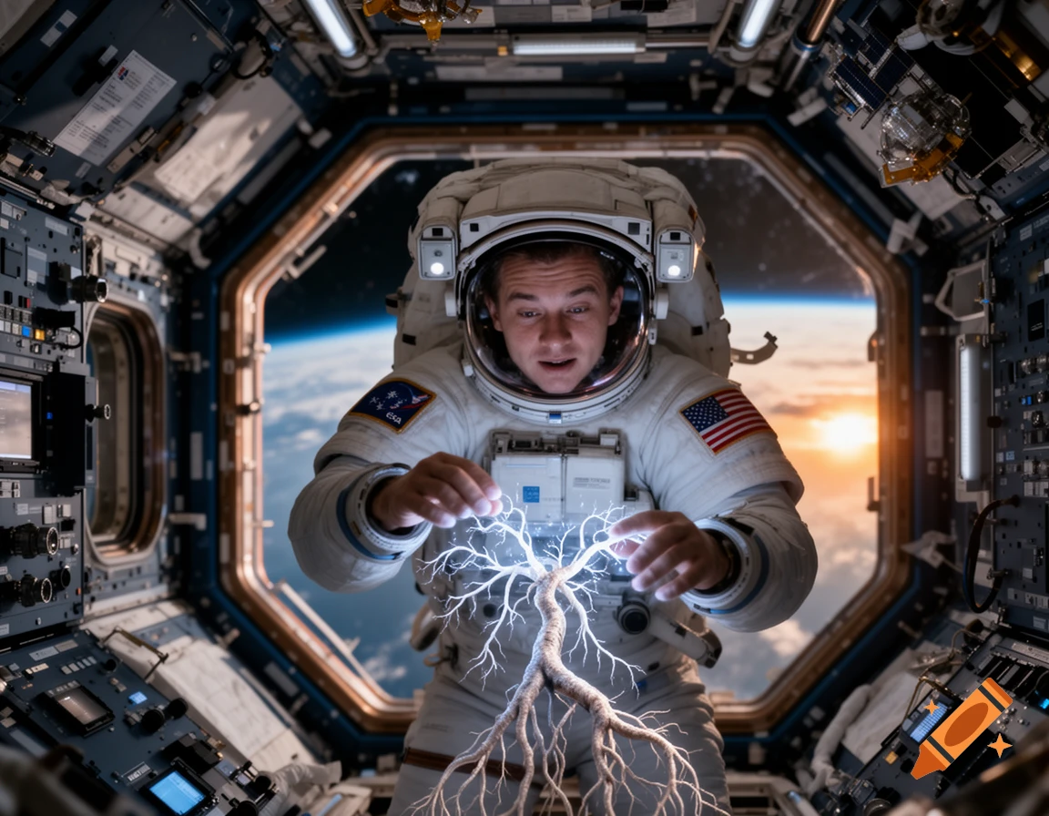 Photorealistic image of an astronaut inside the ISS holding glowing, root-like tendrils with Earth visible through a hexagonal window.