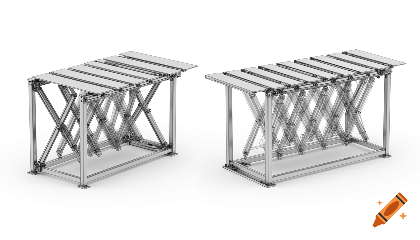 Two side-by-side wireframe CAD renderings of a retractable metal shop rack, one collapsed and one fully extended.