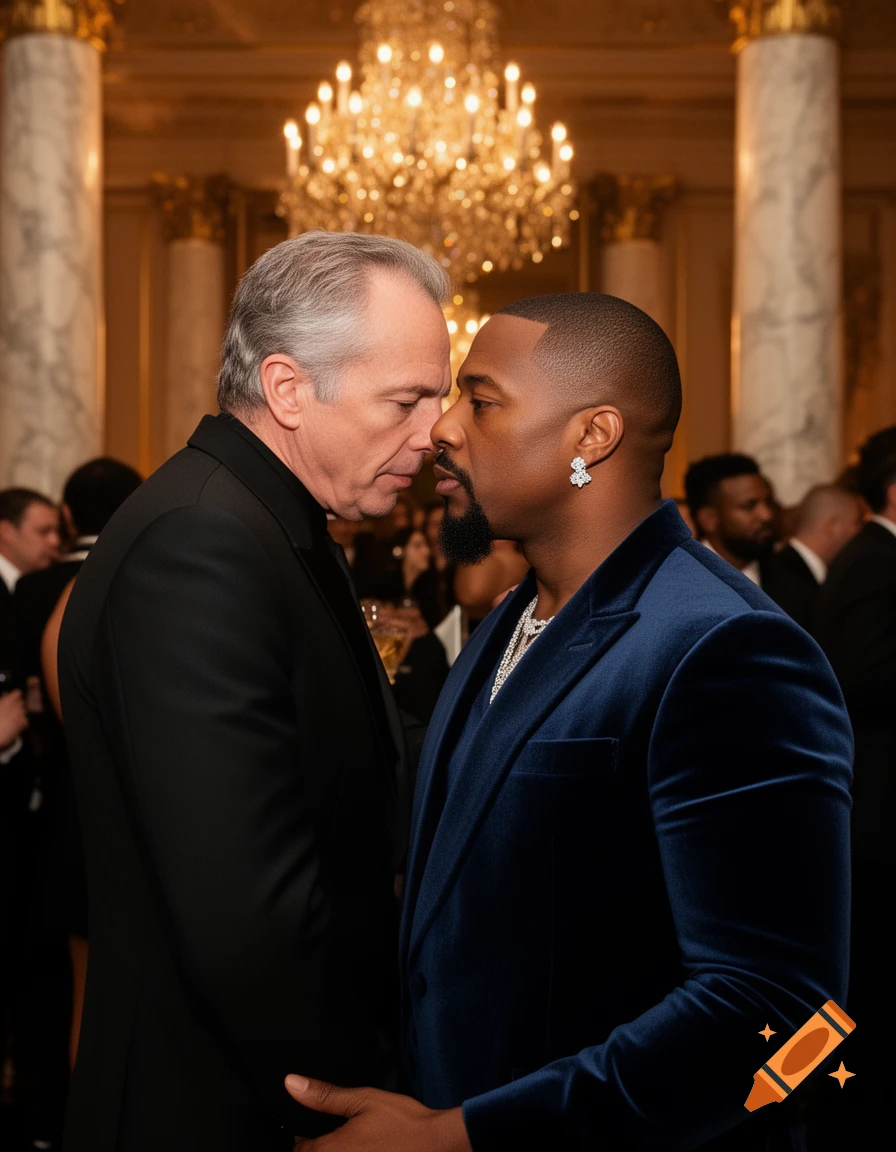 Two men in formal suits, one in blue velvet, stand intimately close, face-to-face, at a lavish formal event with a chandelier.