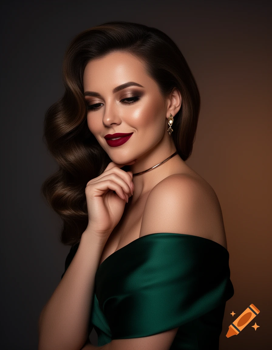 Glamorous woman with wavy brown hair and red lipstick, wearing an emerald green off-shoulder dress, smiling softly.