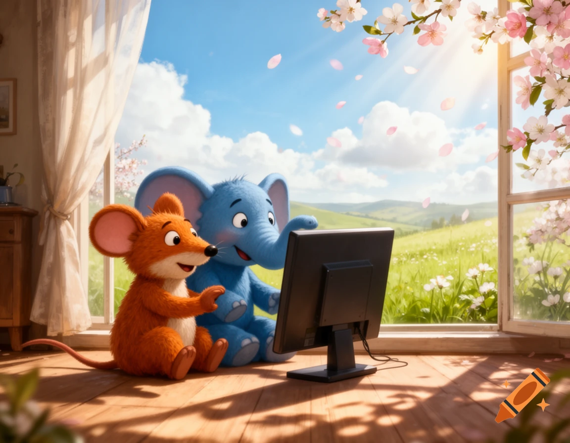 A cartoon mouse and elephant sit on a wooden floor looking at a computer monitor, with a sunny spring landscape visible through a large window.