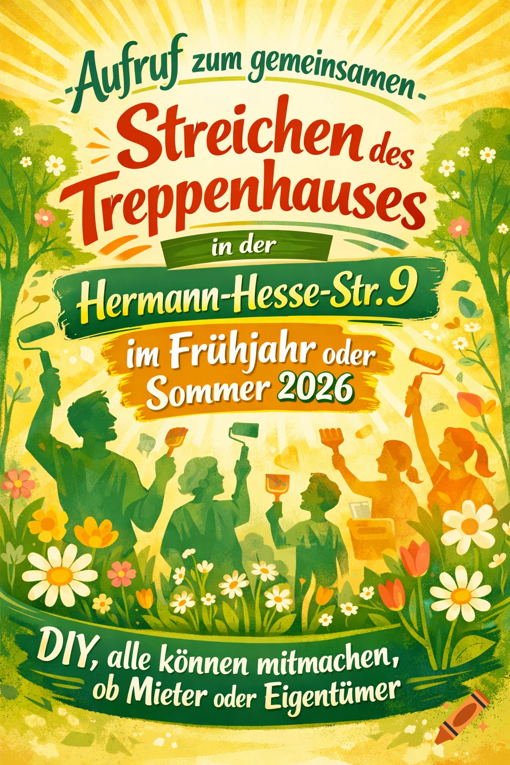 Colorful poster for a German community staircase painting event, showing silhouettes painting among flowers and trees.