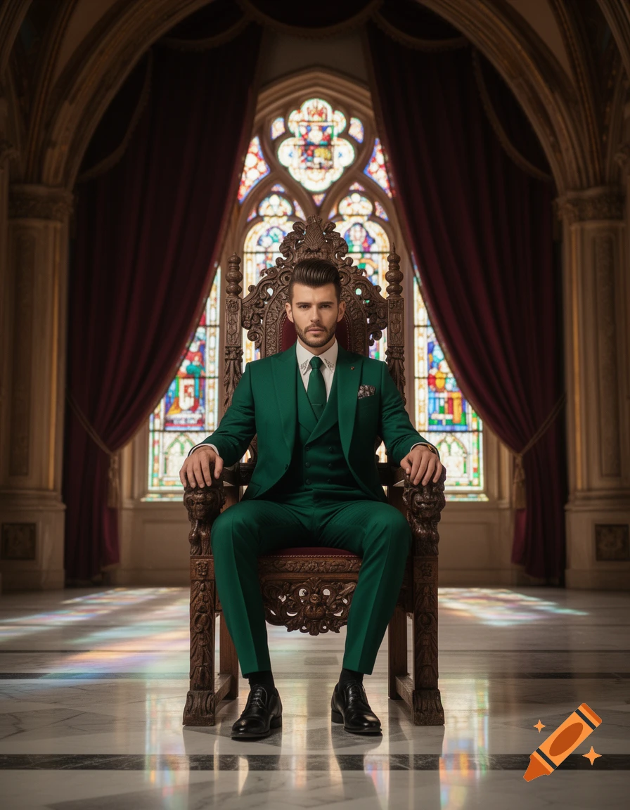 A man in a vibrant green suit sits regally on an ornate wooden throne in a grand hall with stained glass windows.
