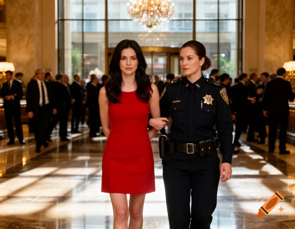 A woman in a red dress is led through a busy hotel lobby by a policewoman in a dark blue uniform.