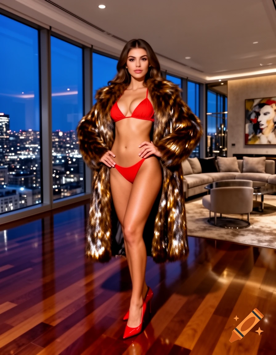 A woman in a red bikini, fur coat, and high heels poses in a luxury penthouse overlooking a city at night.