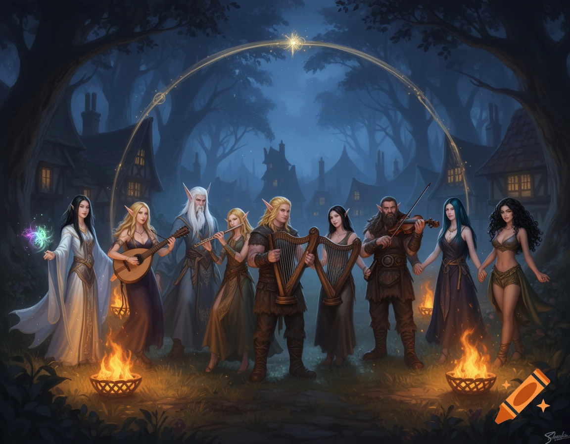 A diverse fantasy music group of elves and humanoids playing instruments by fire baskets in a magical forest village at night.