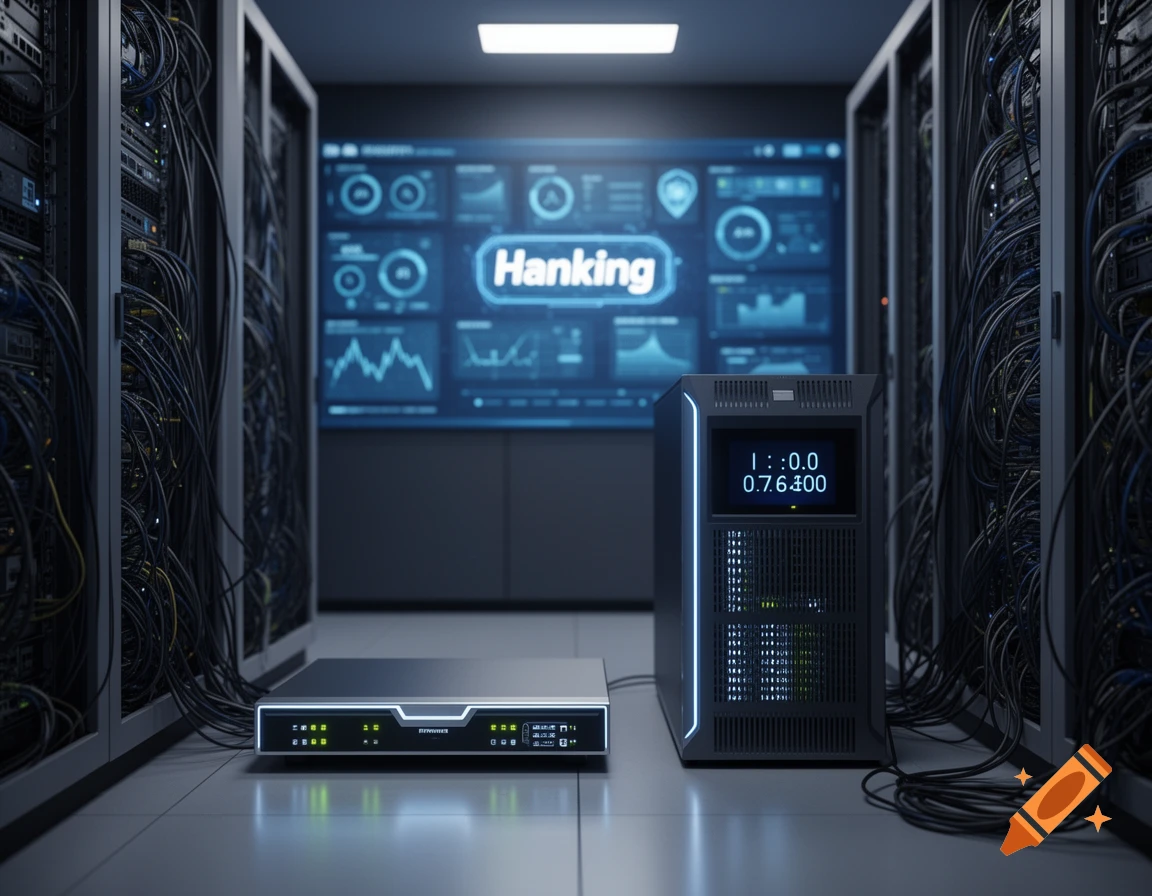 A server room with racks of equipment, a large screen displaying data and 'Hanking', and two network devices on the floor.