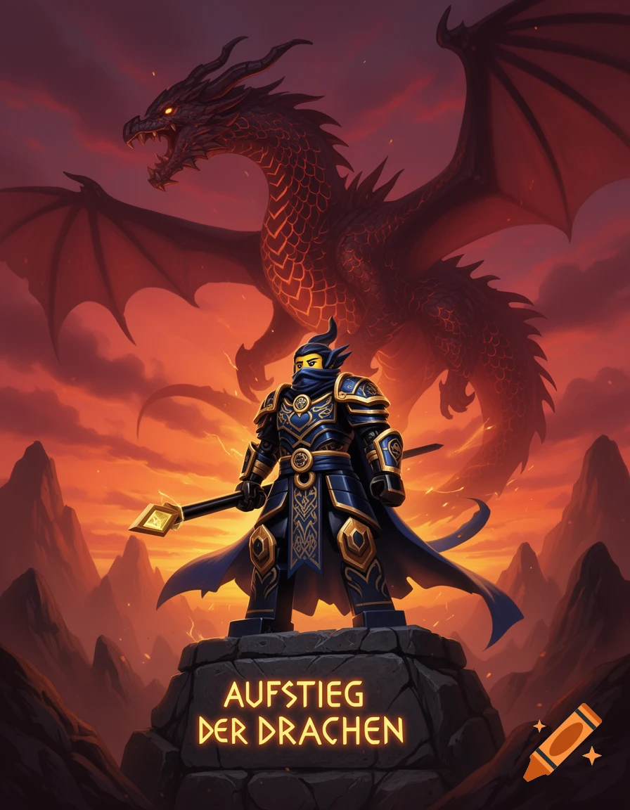 A Lego-style warrior in blue and gold armor stands on a stone pedestal with a red dragon and fiery sky in the background. The pedestal reads "AUFSTIEG DER DRACHEN".