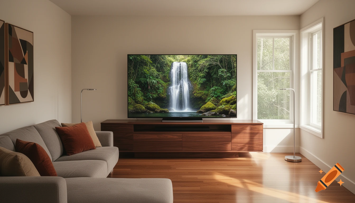 A modern living room with a large TV displaying a vibrant waterfall scene, a gray sectional sofa, and a wooden console.