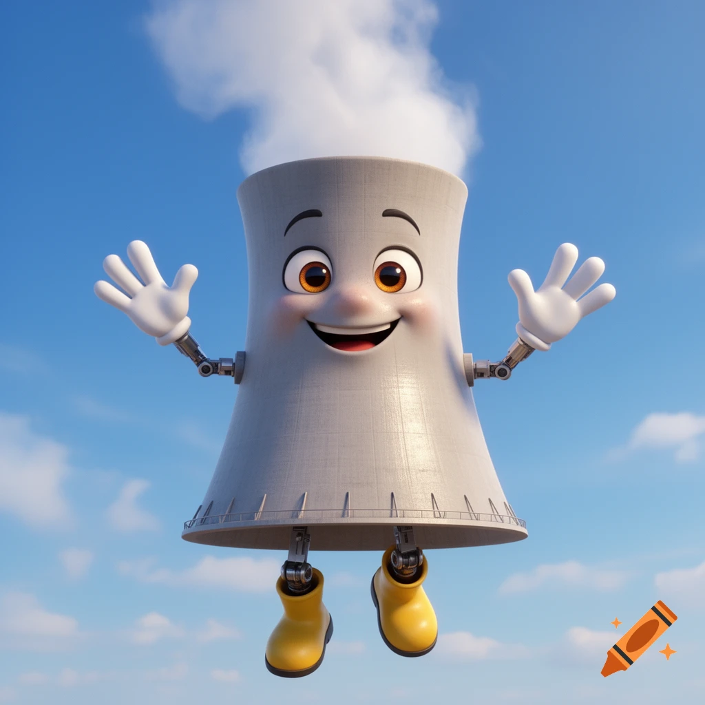 A friendly, smiling cartoon nuclear cooling tower character with robotic arms, white gloves, and yellow boots floats against a sunny blue sky.